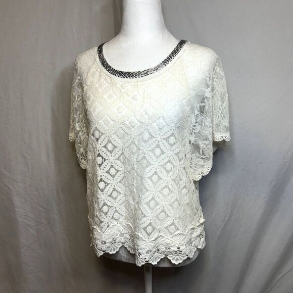 Miss Me White Lace Floral Boho Beaded Crochet Top T Shirt Womens Designer NWOT - Picture 2 of 8
